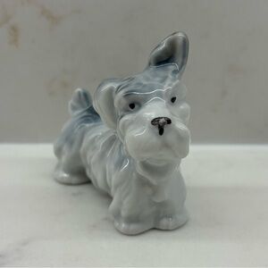 Vintage Miniature Grey White Terrier Ceramic Dog Figurine Ear Perked